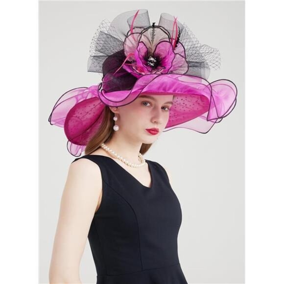 Women Organza Church Tea Party Hats Floral Pink main image 2